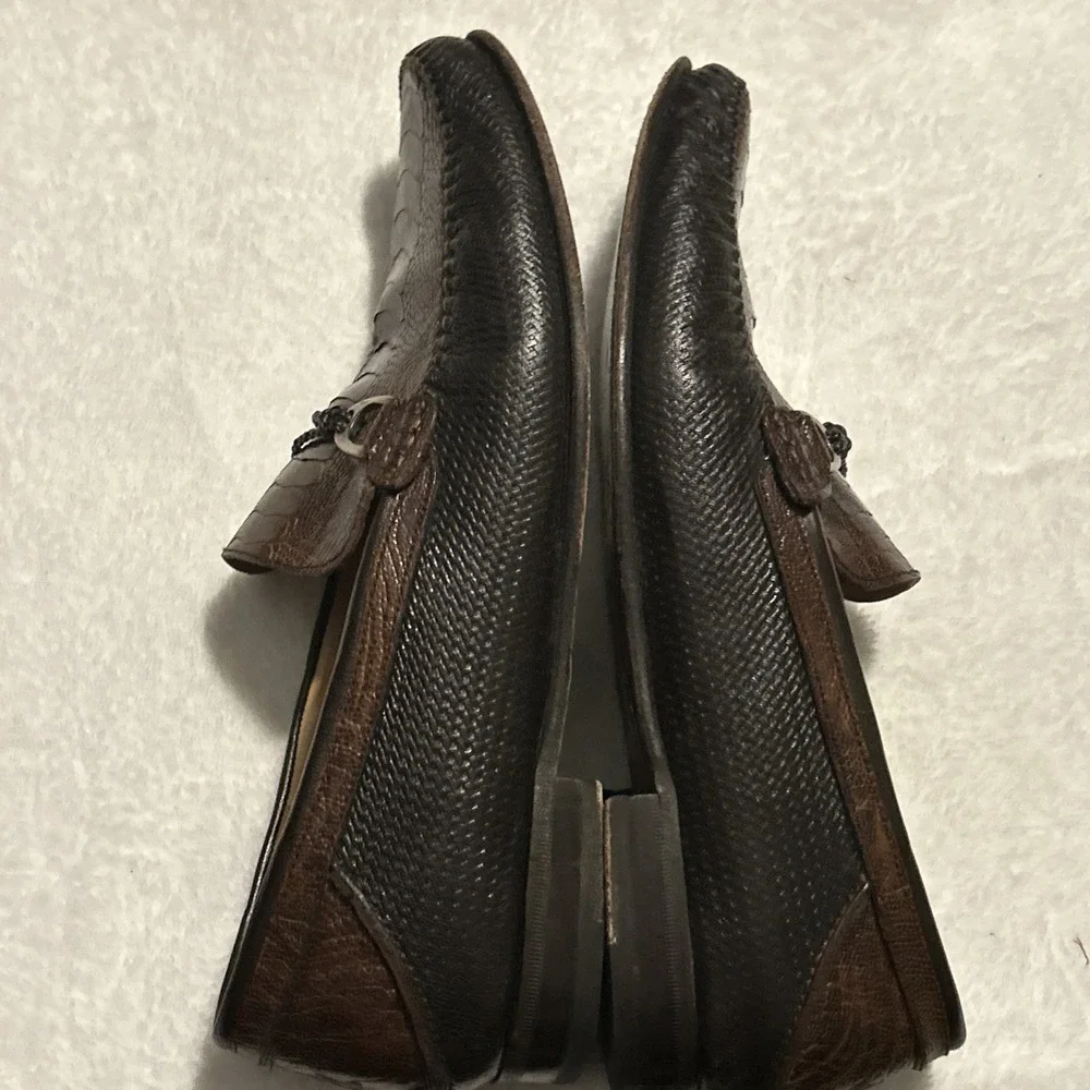 Mezlan Vesta Ostrich Leg and Woven Calfskin Moc Toe Bit Strap Loafers Brown 10.5